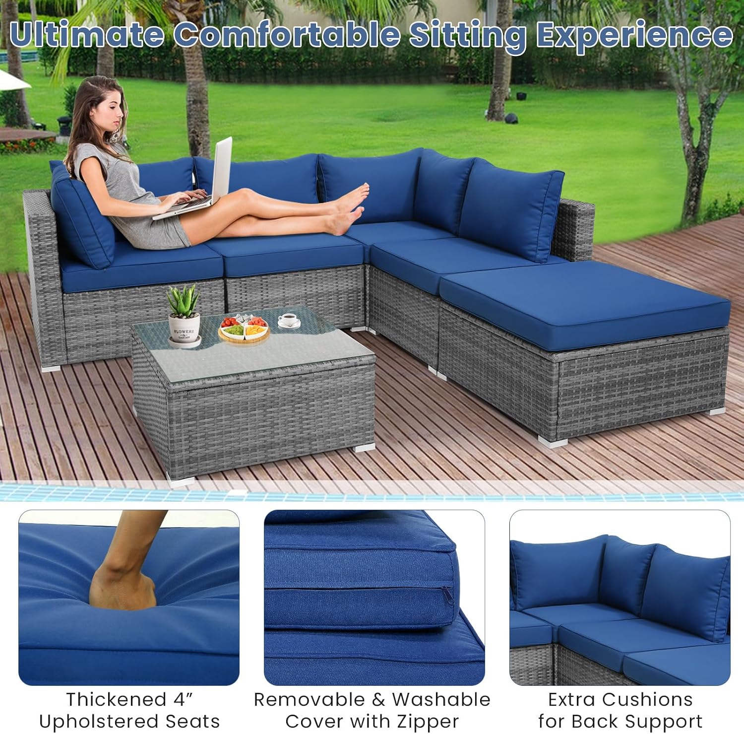 Tangkula 6 Pieces Sectional Patio Furniture Set, Weather Resistant Heavy Duty Outdoor Modular Sofa Set with Soft Padded Cushions, Tempered Glass Coffee Table, for Deck, Garden, Lawn, Poolside (Navy)