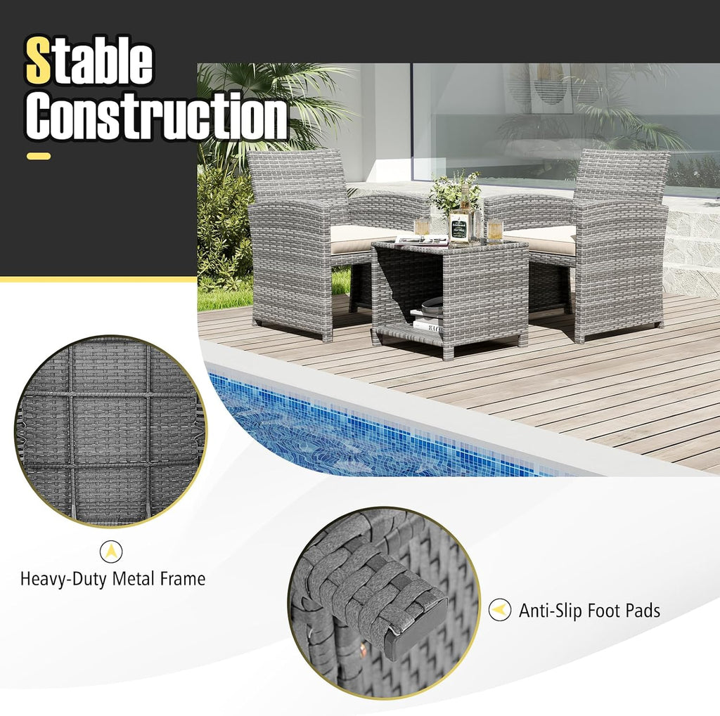 Tangkula 3 Pieces Patio Furniture Set, PE Rattan Outdoor Chairs with Tempered Glass Coffee Table & Soft Seat Cushions, Patio Bistro Set, Outdoor Conversation Set for Porch, Backyard Poolside (White)