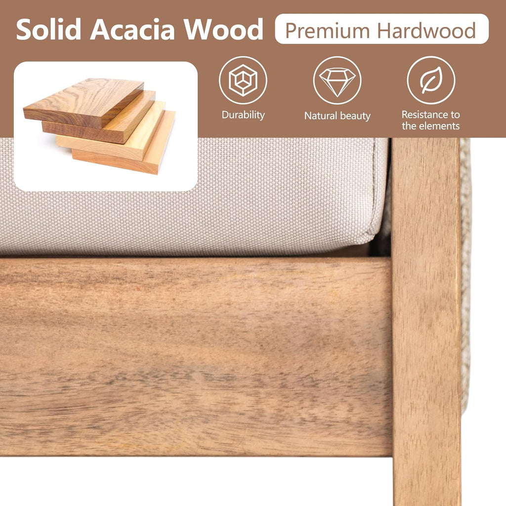 4 Piece Outdoor Patio Furniture Set, Acacia Wood Sectional Sofa wSeat Cushions, All-Weather Patio Conversation Seat with Couches and Coffee Table for Garden Backyard Balcony