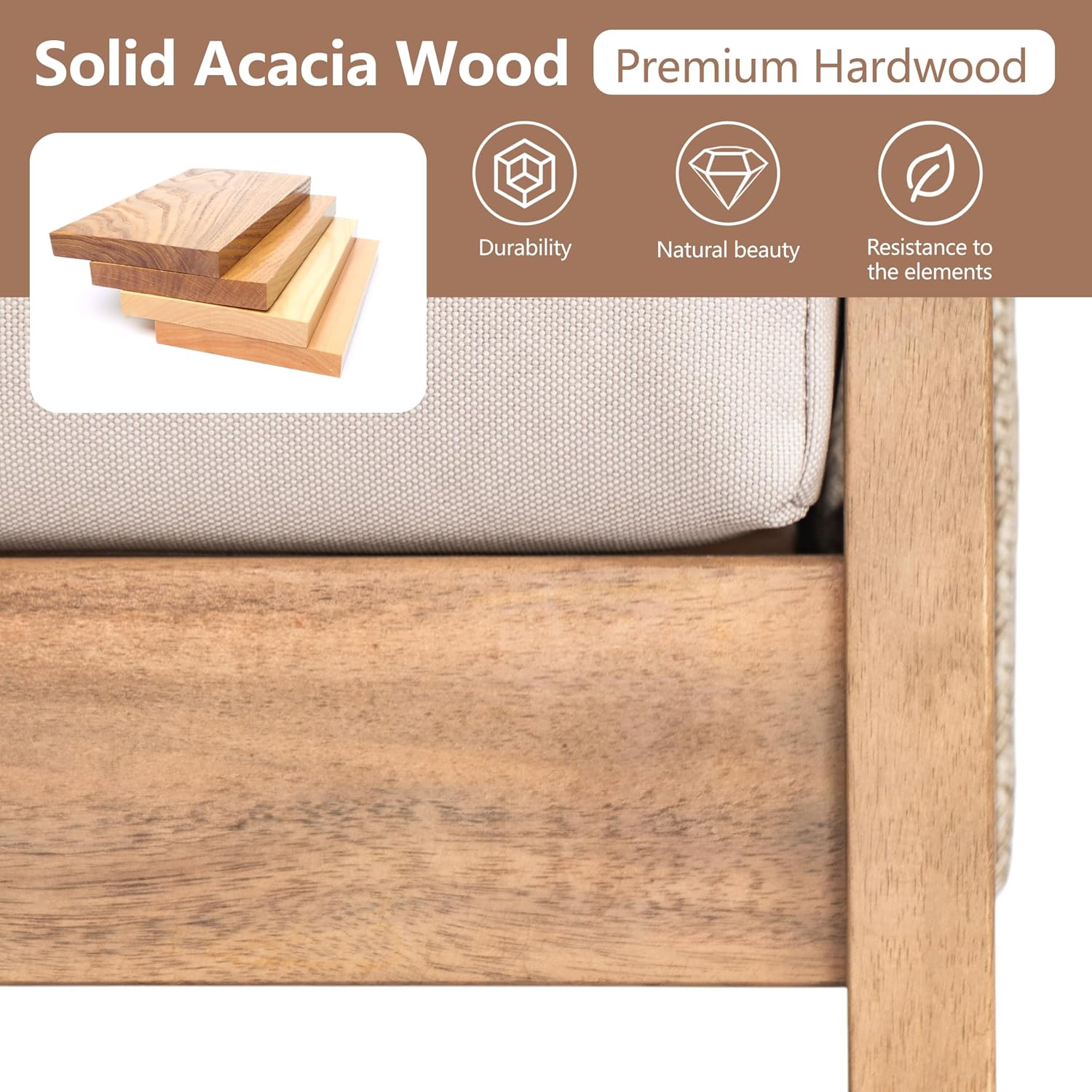 4 Piece Outdoor Patio Furniture Set, Acacia Wood Sectional Sofa wSeat Cushions, All-Weather Patio Conversation Seat with Couches and Coffee Table for Garden Backyard Balcony