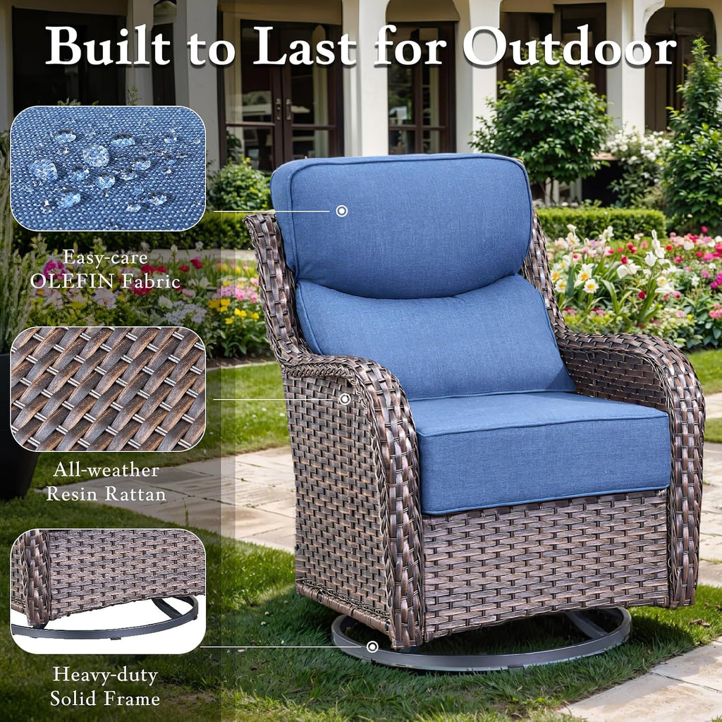 Luxury High Back Outdoor Furniture with 6-inch Extra Thick Cushions, Patio Furniture Set with Swivel Chairs, 4 PCS Wicker Conversation Set for Yard, Deck, Poolside, Brown/NavyBlue