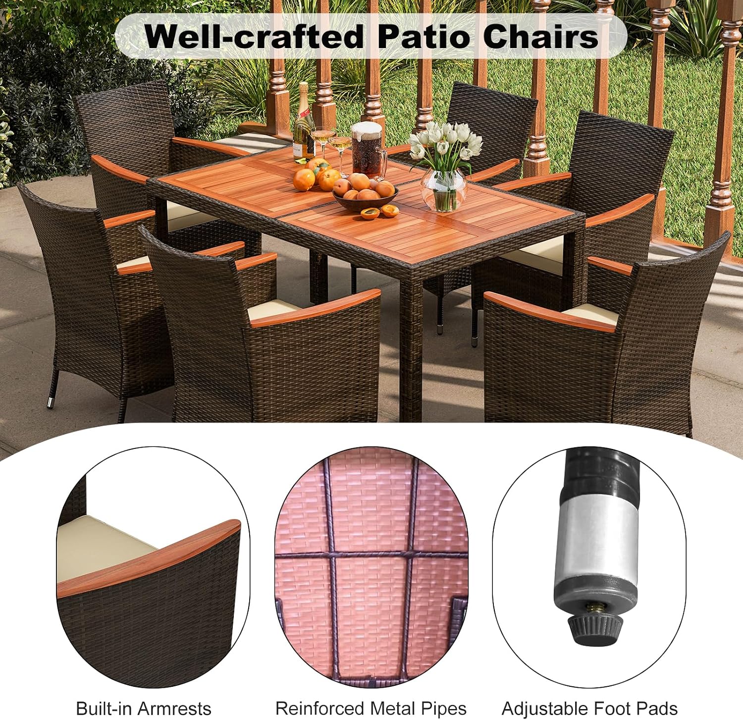 COSTWAY 7-Piece Patio Dining Set for 6, Outdoor Rattan Wicker Table and Chairs Furniture Set with Umbrella Hole, Acacia Wood Tabletop for Backyard, Balcony, Poolside, Brown & Beige
