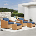 CHITA 5 Pieces Swivel Wicker Patio Furniture Set, Outdoor Conversation Set with 2 Pieces Rattan Swivel Chairs, 2 Pieces Ottomans, Thickened Cushions and Side Table, Blue Cushions with Brown Wicker