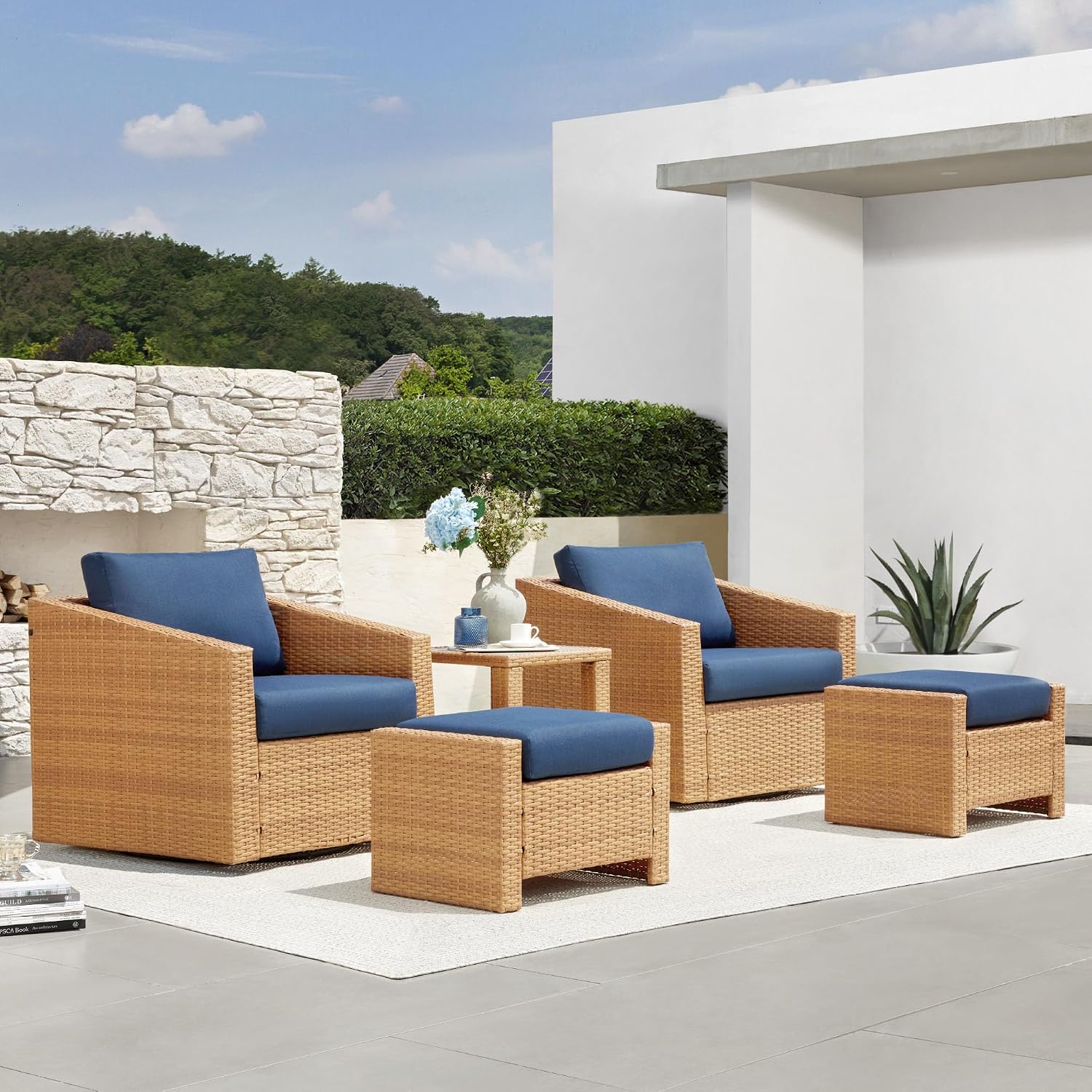 CHITA 5 Pieces Swivel Wicker Patio Furniture Set, Outdoor Conversation Set with 2 Pieces Rattan Swivel Chairs, 2 Pieces Ottomans, Thickened Cushions and Side Table, Blue Cushions with Brown Wicker