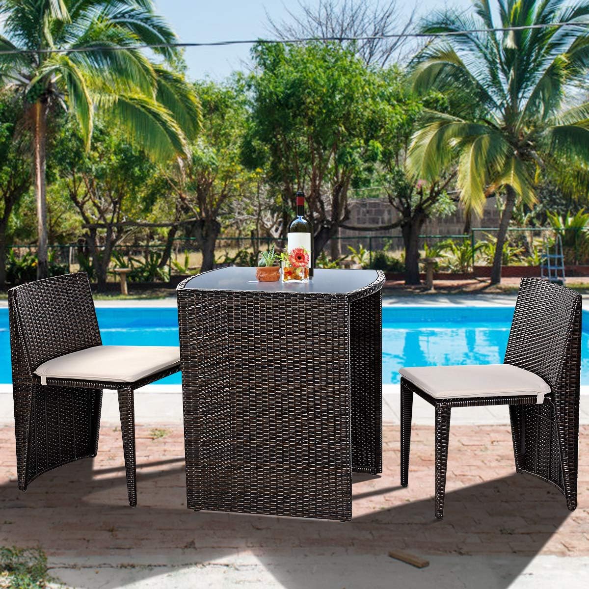 Giantex 3 PCS Cushioned Outdoor Wicker Patio Set Convention Bistro Set Garden Lawn Space Saving Conversation Sofa Furniture No Assembly (Brown)