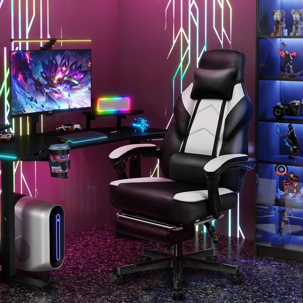 Big and Tall Gaming Chair for Adults, 330lbs Heavy Duty Computer Chair with Footrest, Video Game Chair, Massage Lumbar Support, Wide Seat High Back Reclining Desk Chair, White