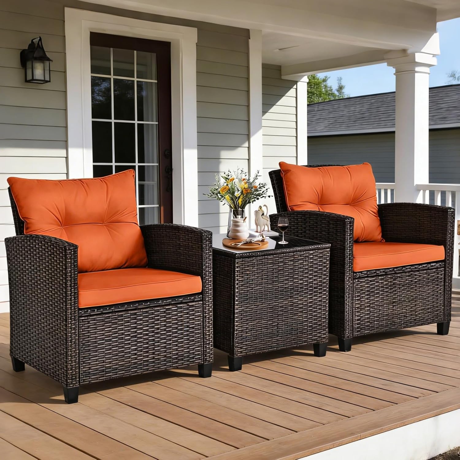 COSTWAY 3PCS Patio Furniture Set, PE Rattan Wicker Sofa w/Washable Cushion and Coffee Table, Tempered Glass Tabletop, Outdoor Conversation Set for Balcony, Porch, Yard, Backyard, Lawn (Orange)