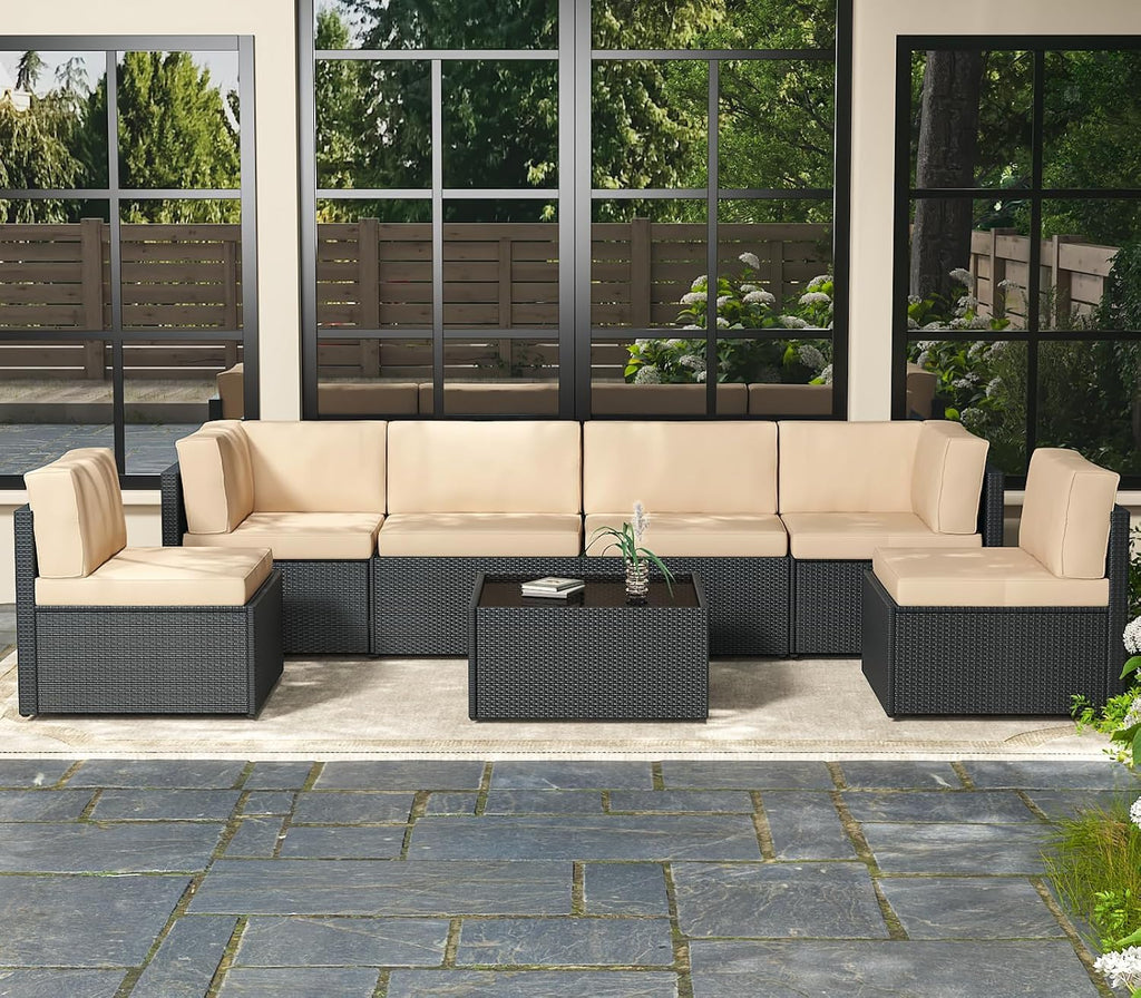 AECOJOY 7 Piece Outdoor Patio Furniture Set, Outdoor Sectional Conversation Furniture Chair with Coffee Table,Patio Sectional for Garden,Backyard(Khaki Cushions and Black PE Rattan, with Cover)