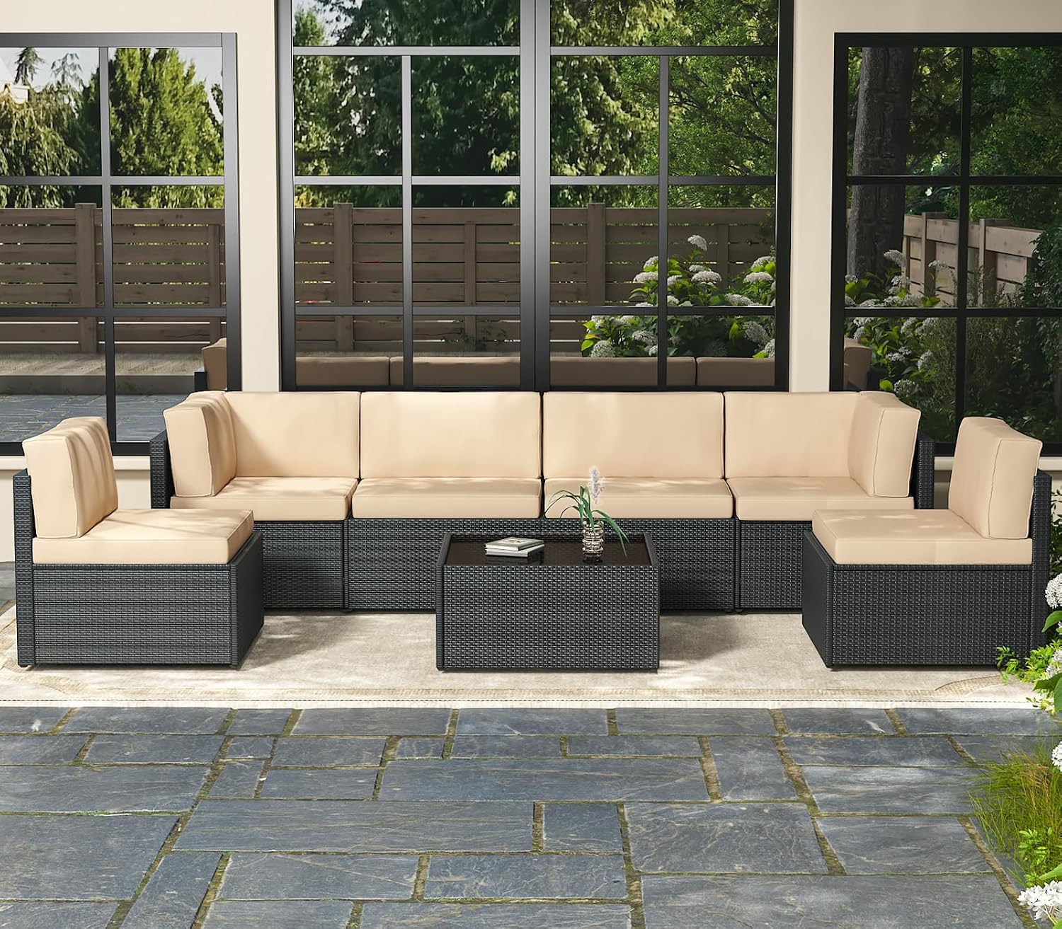 AECOJOY 7 Piece Outdoor Patio Furniture Set, Outdoor Sectional Conversation Furniture Chair with Coffee Table,Patio Sectional for Garden,Backyard(Khaki Cushions and Black PE Rattan, with Cover)