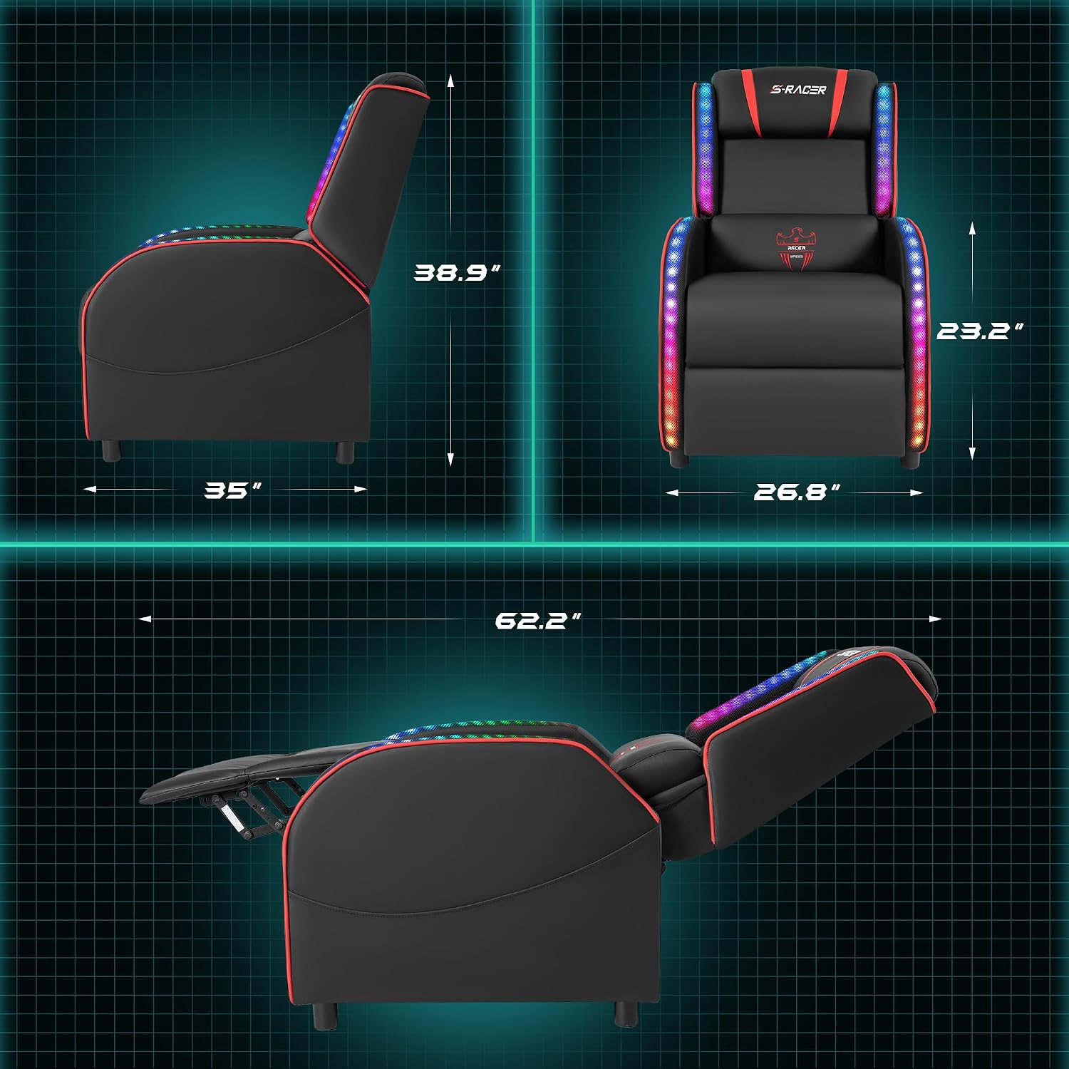Homall LED Gaming Massage Recliner Chair Racing Style Single Living Room Sofa Comfortable Ergonomic Home Theater Seating(Red)