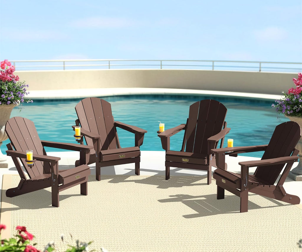 SERWALL Folding Adirondack Chair with Cup Holder for Outdoor, All-Weather Patio Chairs with Wood Texture, Fire Pit Chairs for Deck Porch Garden (Folding Coffee)