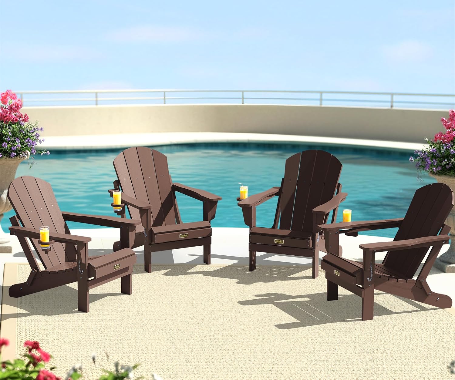 SERWALL Folding Adirondack Chair with Cup Holder for Outdoor, All-Weather Patio Chairs with Wood Texture, Fire Pit Chairs for Deck Porch Garden (Folding Coffee)
