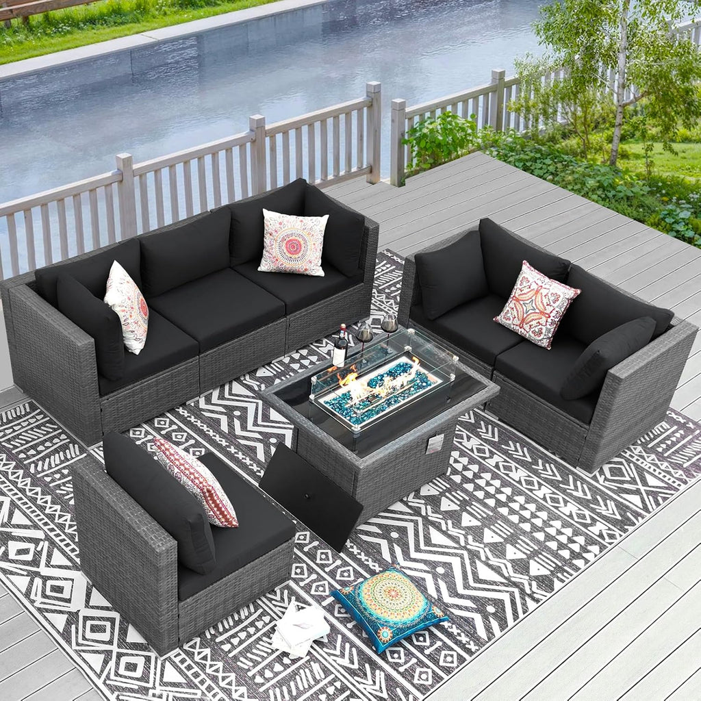 RADIATA 7 Piece Wicker Patio Furniture Set with Fire Pit, All-Weather Outdoor Sectional Couch High Back Large Size, Modular Backyard Seating Sofa Set with Propane/Natural Gas Firepit Table, Grey&Black