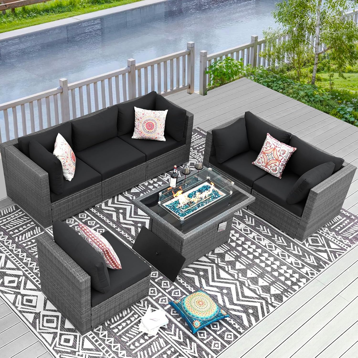 RADIATA 7 Piece Wicker Patio Furniture Set with Fire Pit, All-Weather Outdoor Sectional Couch High Back Large Size, Modular Backyard Seating Sofa Set with Propane/Natural Gas Firepit Table, Grey&Black