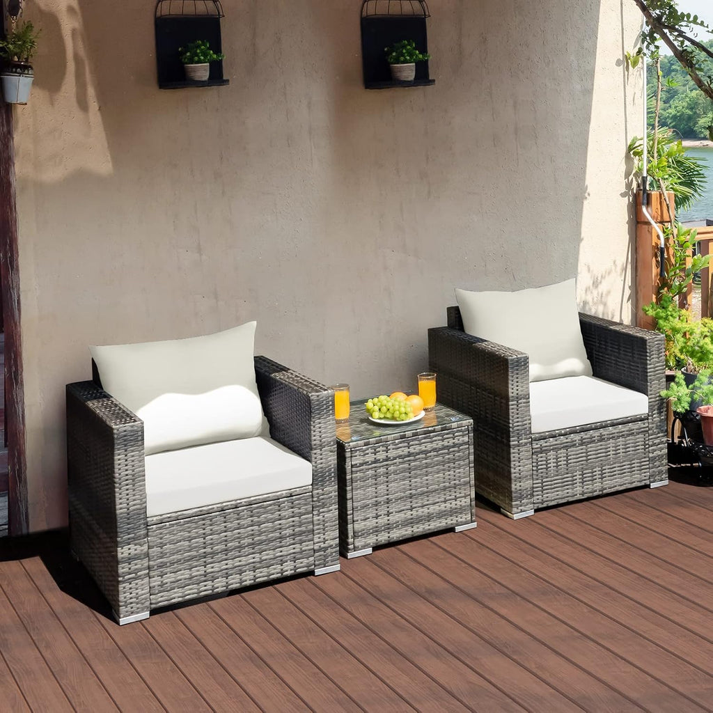 COSTWAY 3-Piece Patio Furniture Set, Outdoor Wicker Rattan Sofa with Cushions and Coffee Table, Conversation Chair Set for Poolside Backyard Balcony Lawn (White)