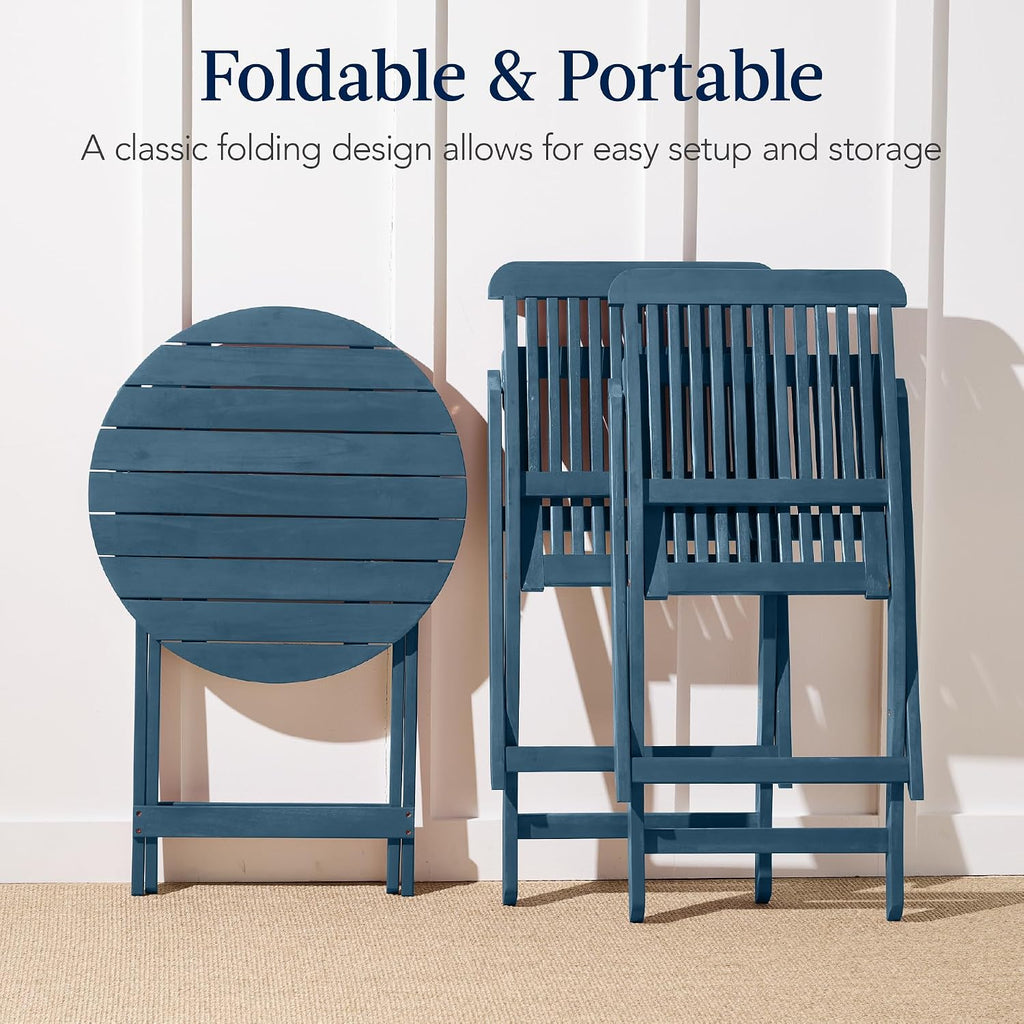 Best Choice Products 3-Piece Acacia Wood Bistro Set, Folding Patio Furniture for Backyard, Balcony, Deck w/ 2 Chairs, Round Coffee Table, Teak Finish - Slate Blue