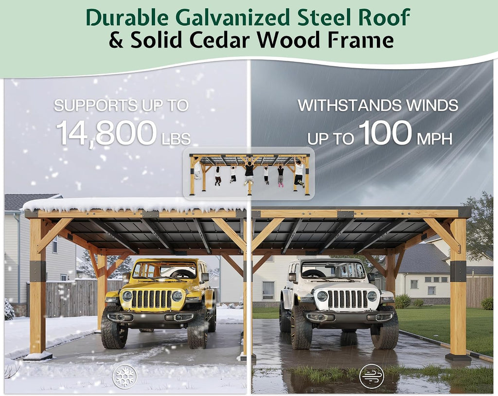 Jocisland 12x24x8.2 FT Cedar Wood Carport for 2 Cars, Heavy Duty Canopy Carport with Sloped Galvanized Steel Roof for All Weather, Permanent Shelter for Full-Sized Pickup Truck, Boat & Tractor