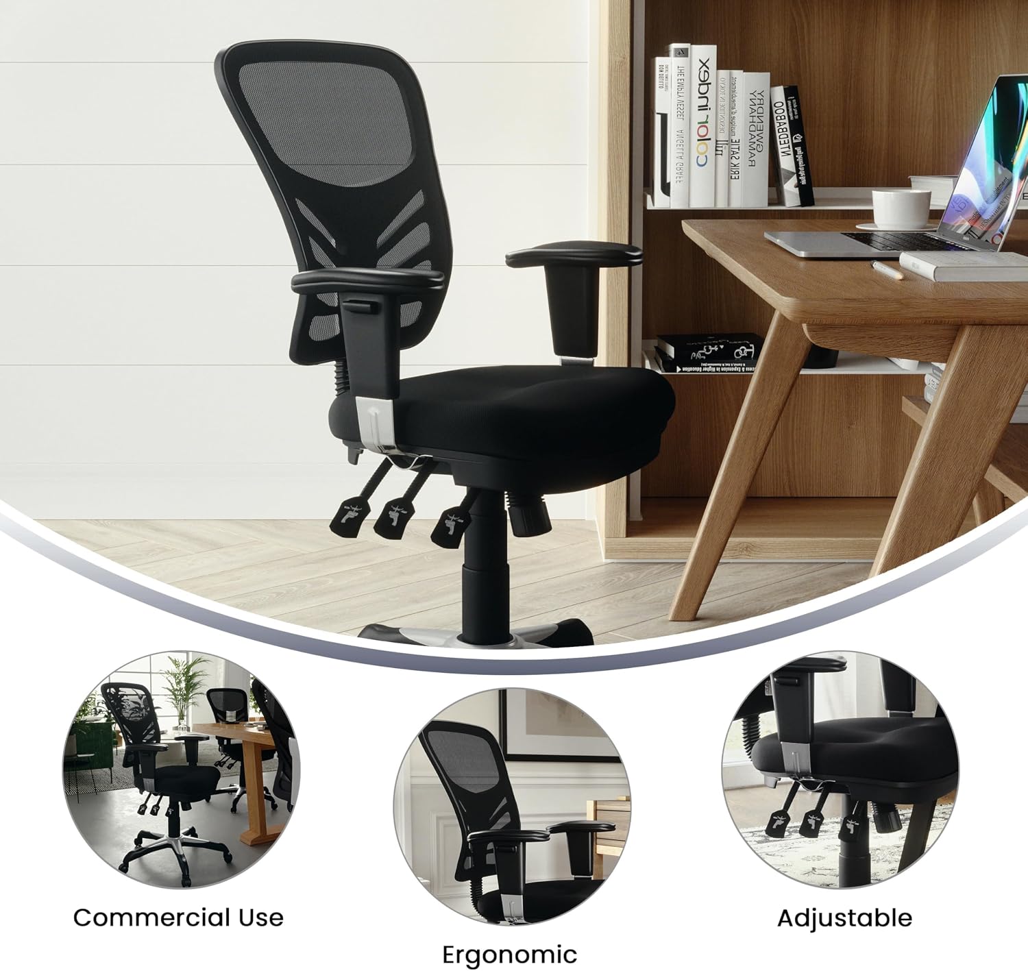 Flash Furniture Nicholas Mid-Back Swivel Desk Chair with Wheels, Mesh Back, Padded Seat, and Armrests, Adjustable Height Mesh Ergonomic Office Chair, Black