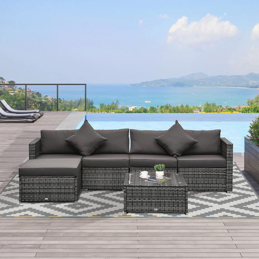 Outsunny 6 Piece Patio Furniture Set Outdoor Wicker Conversation Set All Weather PE Rattan Sectional Sofa Set with Ottoman, Cushions and Tempered Glass Table, Mixed Gray and Charcoal