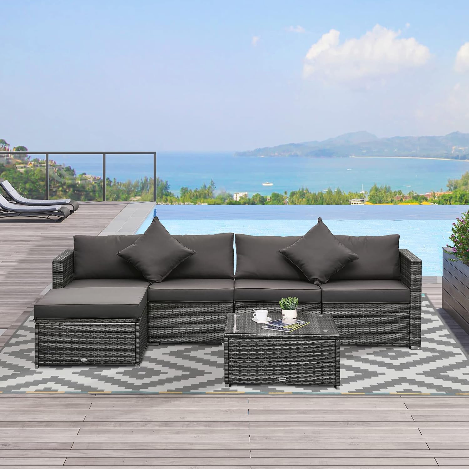 Outsunny 6 Piece Patio Furniture Set Outdoor Wicker Conversation Set All Weather PE Rattan Sectional Sofa Set with Ottoman, Cushions and Tempered Glass Table, Mixed Gray and Charcoal