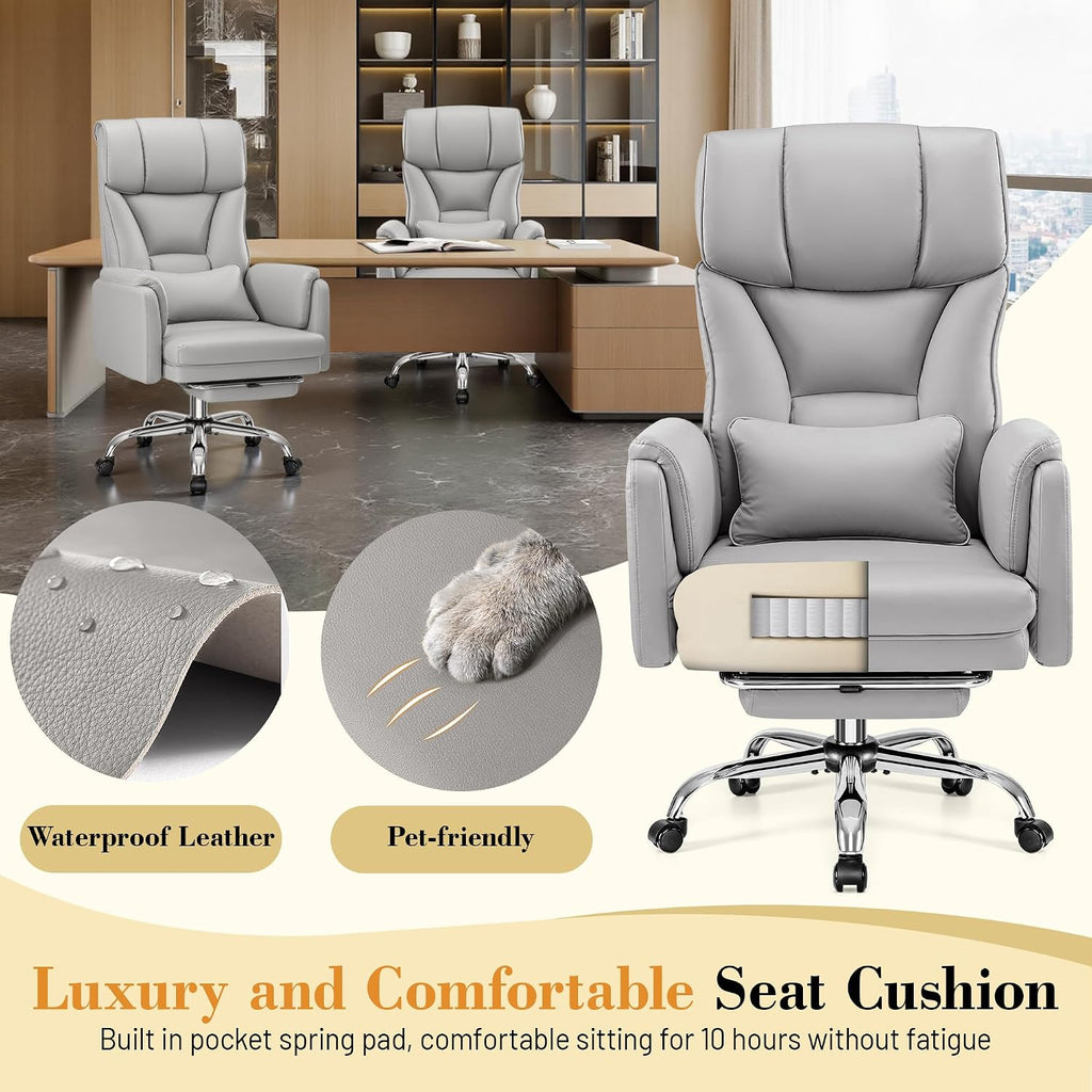 FelixKing Big and Tall Office Chair, 400LBS Wide Leather Executive Chair, Reversible Armrest for Pets Criss Cross Legged, 135° Reclining High Back Gaming Desk Chair with Lumbar Support Footrest, Gray