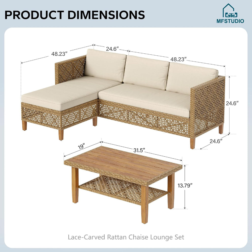 MFSTUDIO L Shaped Outdoor Couch Set, Wicker Patio Furniture Set, Rattan Outdoor Sectional Sofa with Acacia Wood Coffee Table, 3 Pieces Small Patio Conversation Set for Backyard, Beige