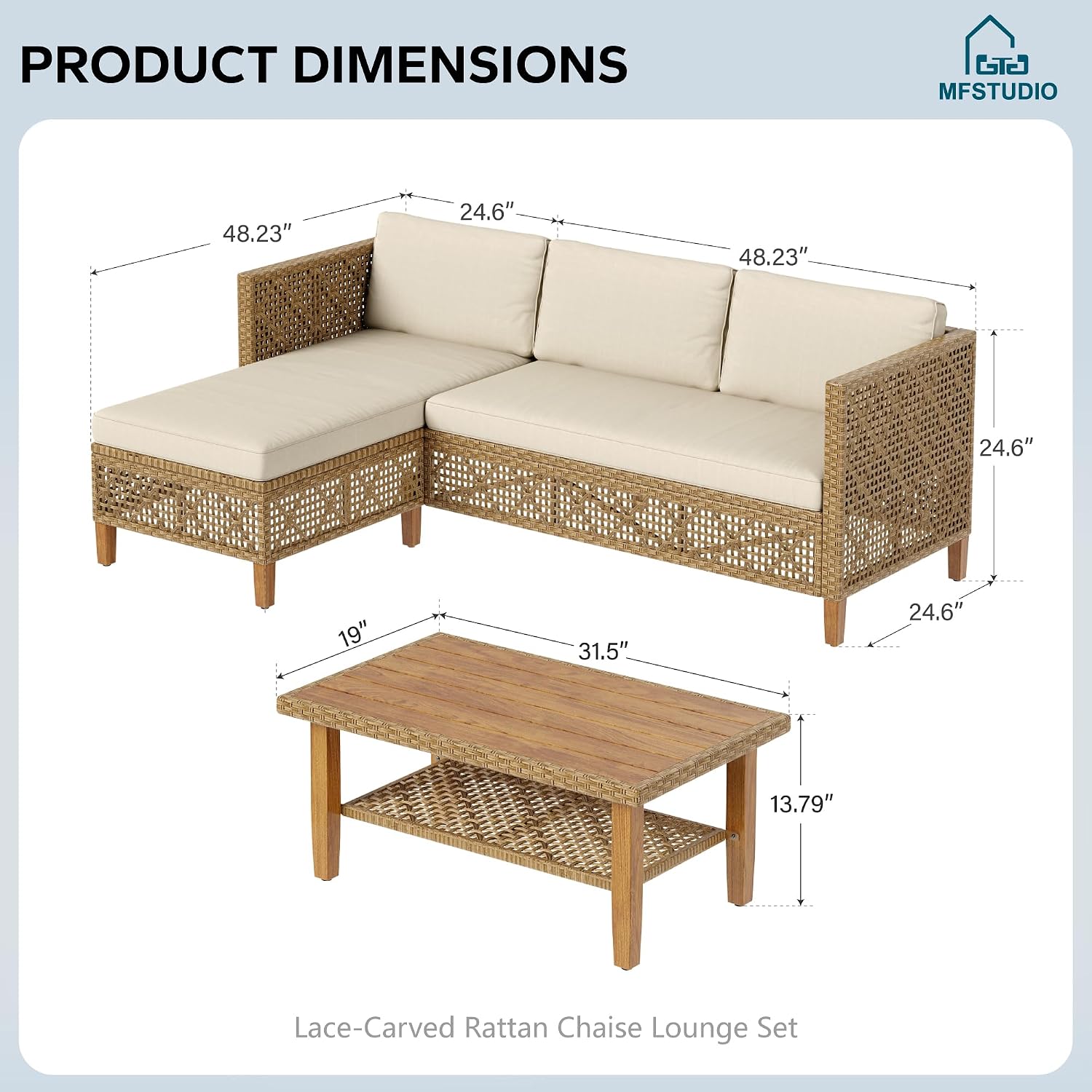 MFSTUDIO L Shaped Outdoor Couch Set, Wicker Patio Furniture Set, Rattan Outdoor Sectional Sofa with Acacia Wood Coffee Table, 3 Pieces Small Patio Conversation Set for Backyard, Beige