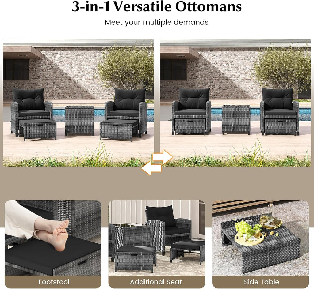 KOTEK 5 Pieces Patio Furniture Set with Ottomans, Wicker Patio Conversation Set with Coffee Table & Cushions, PE Rattan Outdoor Lounge Chairs for Backyard, Porch, Poolside (Mix Grey- Black)