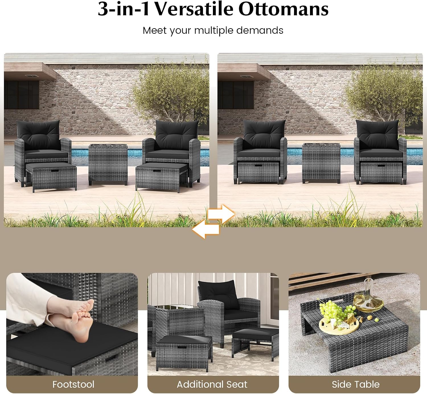 KOTEK 5 Pieces Patio Furniture Set with Ottomans, Wicker Patio Conversation Set with Coffee Table & Cushions, PE Rattan Outdoor Lounge Chairs for Backyard, Porch, Poolside (Mix Grey- Black)