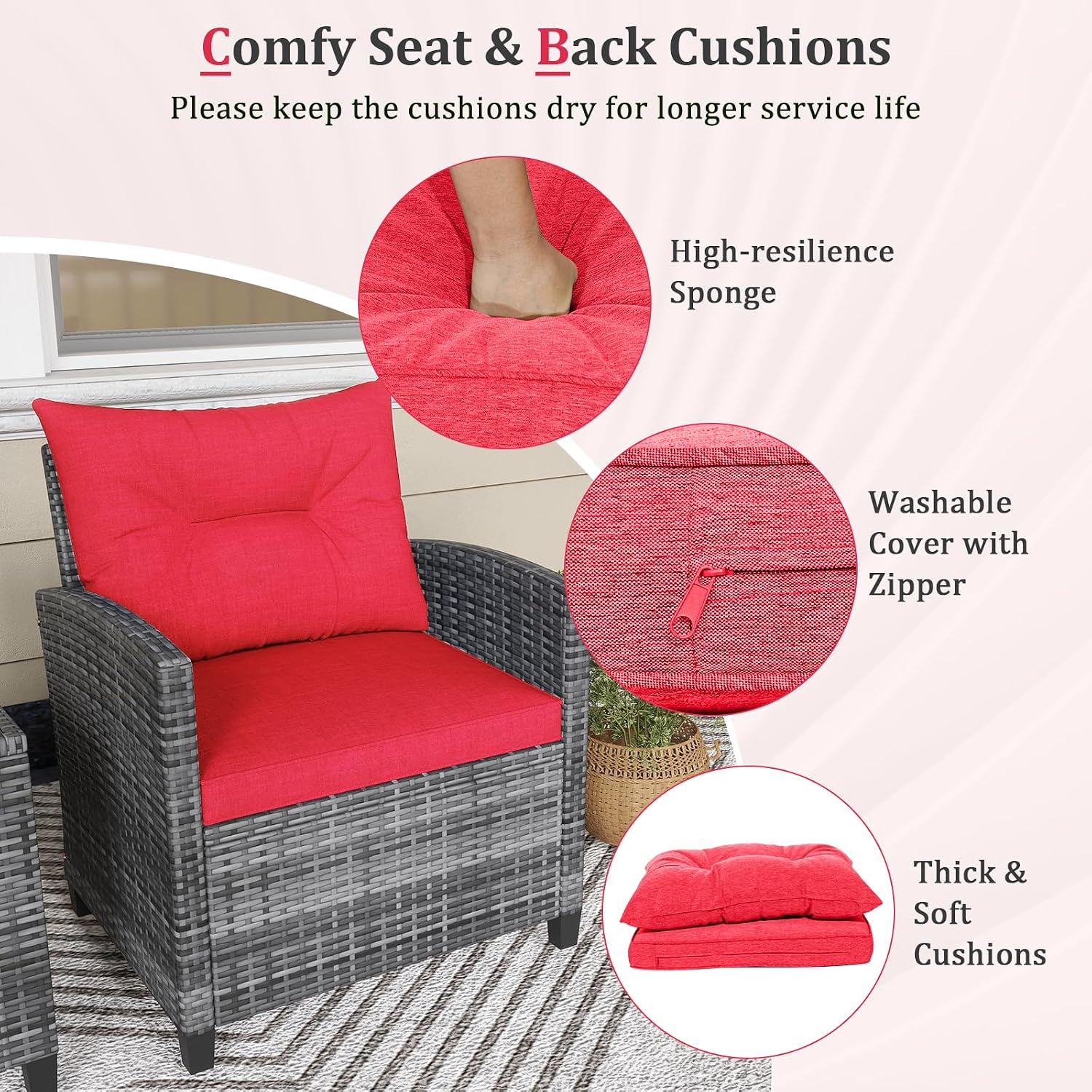 KOTEK 3 Piece Patio Furniture Set, Outdoor PE Rattan Conversation Set with Washable Cushions & Tempered Glass Tabletop, Wicker Chairs and Table Set for Porch, Garden, Balcony (Red)