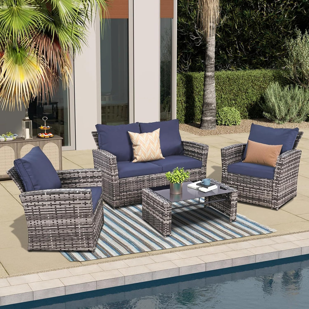 FHFO 4 Piece Patio Furniture Set, Wicker Outdoor Conversation Furniture Set, All Weather Patio Sofa Couch with Cushion & Glass Table, Grey/Blue