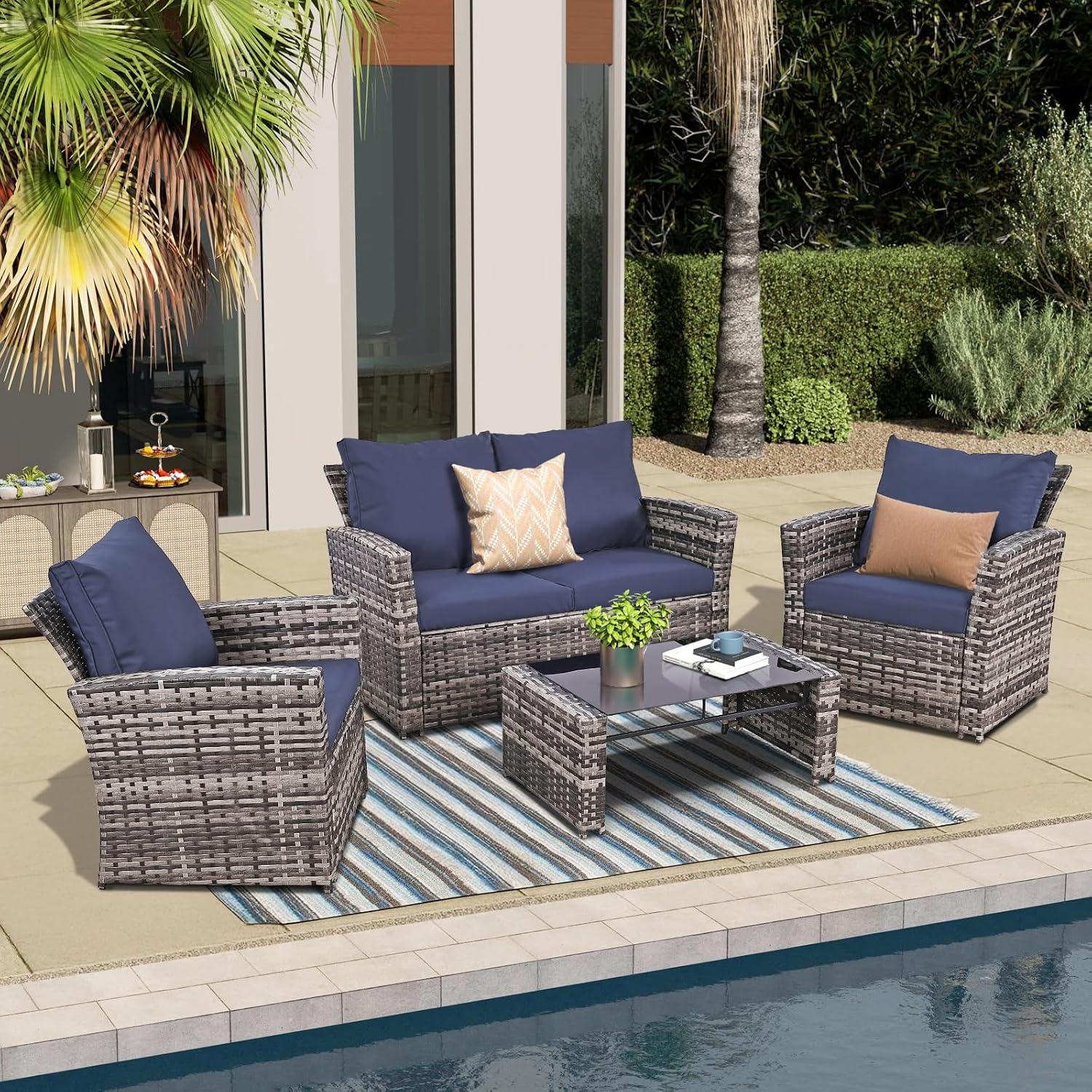 FHFO 4 Piece Patio Furniture Set, Wicker Outdoor Conversation Furniture Set, All Weather Patio Sofa Couch with Cushion & Glass Table, Grey/Blue