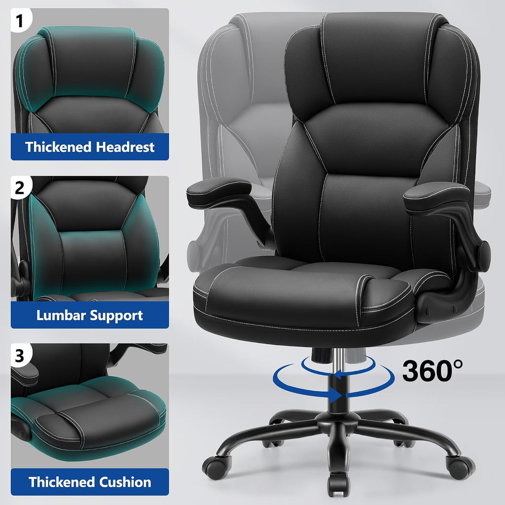 PU Leather Executive Office Chair, Ergonomic High-Back Computer & Gaming Chair with Adjustable Height, Rolling Swivel & Flip-Up Armrests, Comfy Padded Seat for Home Office-Black