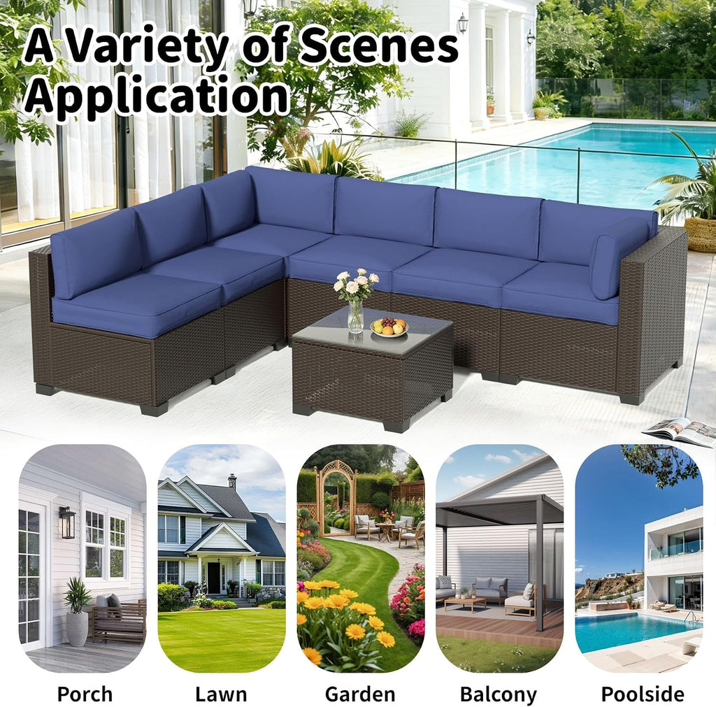 YLGJ&TIDY 7-Piece Outdoor Sectional Patio Furniture Set, All-Weather Wicker Rattan Sofa w/Thick Washable Cushions & Tempered Glass Table, Perfect for Garden, Poolside, Backyard (7, Navy Blue)