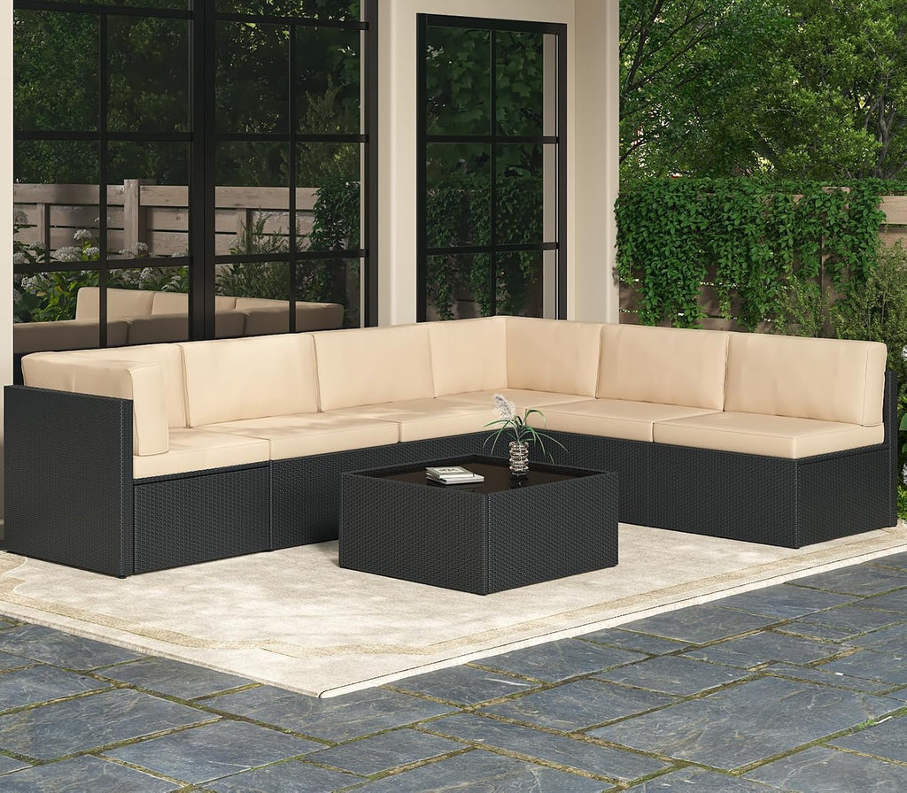 AECOJOY 7 Piece Outdoor Patio Furniture Set, Outdoor Sectional Conversation Furniture Chair with Coffee Table,Patio Sectional for Garden,Backyard(Khaki Cushions and Black PE Rattan, with Cover)