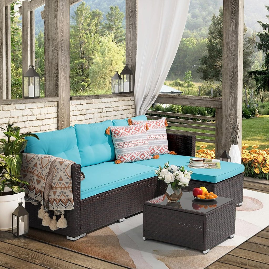 JOIVI Outdoor Patio Furniture Set, All Weather Outdoor Sectional Conversation Set, Wicker Furniture Sofa Set, Outdoor Patio Seating with Cushions, Tempered Glass Coffee Table, L-Shaped, Turquoise