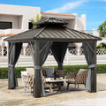 GarveeHome Outdoor Gazebos Canopy 10 x 10 ft Permanent with High Strength Aluminum Frame, Iron Double-Roof, Pavilion with Curtain and Netting for Patio, Lawn, Deck, Garden
