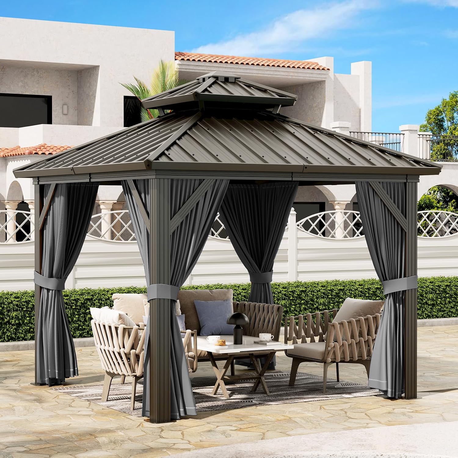 GarveeHome Outdoor Gazebos Canopy 10 x 10 ft Permanent with High Strength Aluminum Frame, Iron Double-Roof, Pavilion with Curtain and Netting for Patio, Lawn, Deck, Garden