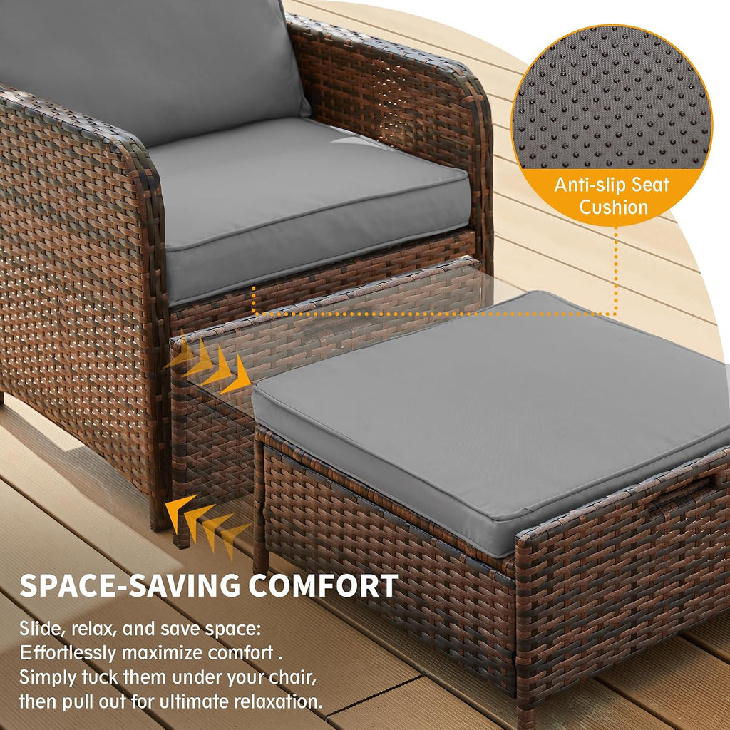 UDPATIO Balcony Furniture Patio Chairs with Ottoman, 5 Piece Wicker Patio Furniture Set with Footrest for Front Porch Small Space