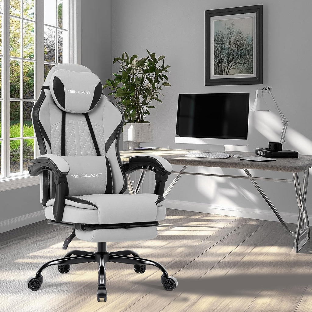 Misolant Gaming Chair, Fabric Gamer Chair with footrest for Adults, High Back Ergonomic Computer Game Chair with Adjustable Headrest and Massage Lumbar Support, 90-155° Recline Free, Gray