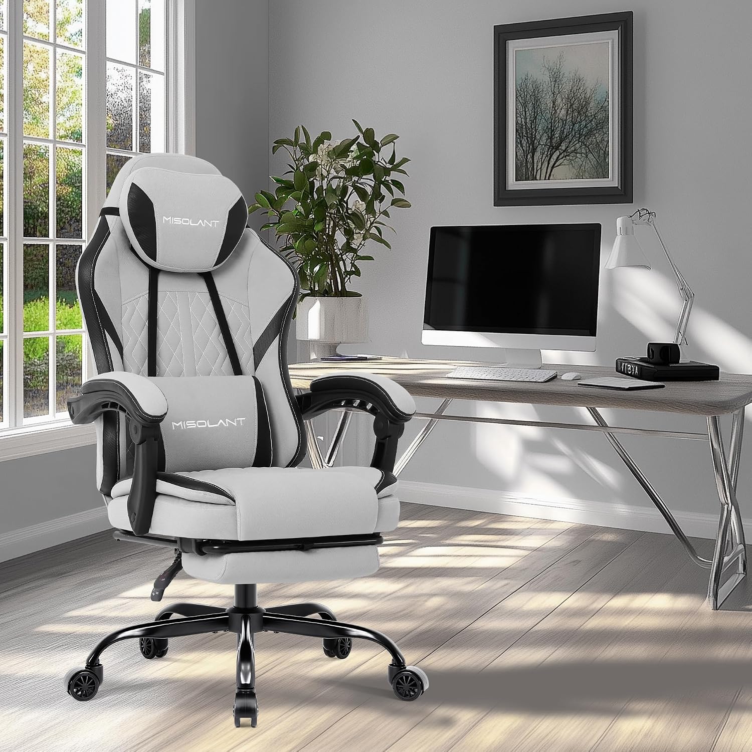 Misolant Gaming Chair, Fabric Gamer Chair with footrest for Adults, High Back Ergonomic Computer Game Chair with Adjustable Headrest and Massage Lumbar Support, 90-155° Recline Free, Gray