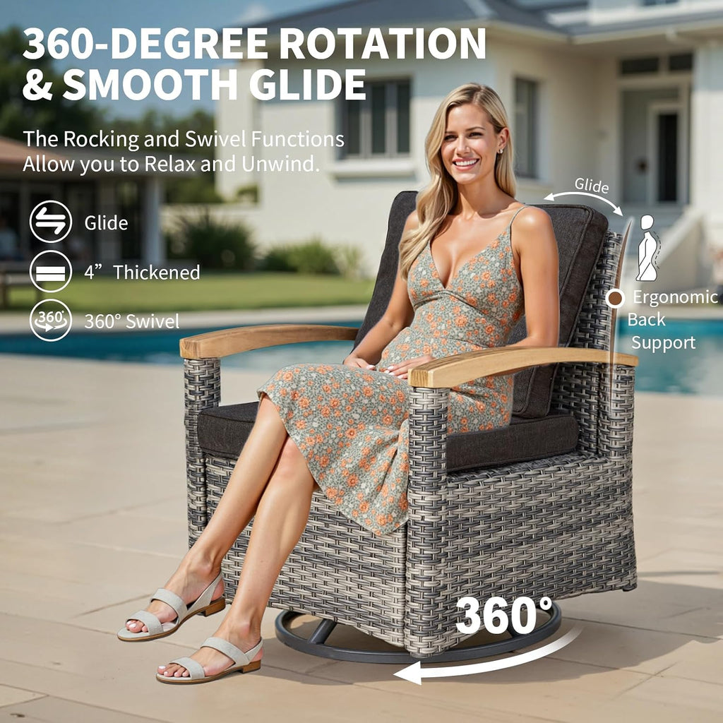 MEISSALIVVE 6 Pieces Patio Furniture Sets, PE Wicker Outdoor Conversation Sets with 2 Wood Armrests Swivel Glide Chairs, 2 Ottomans and Dining Table (Black)