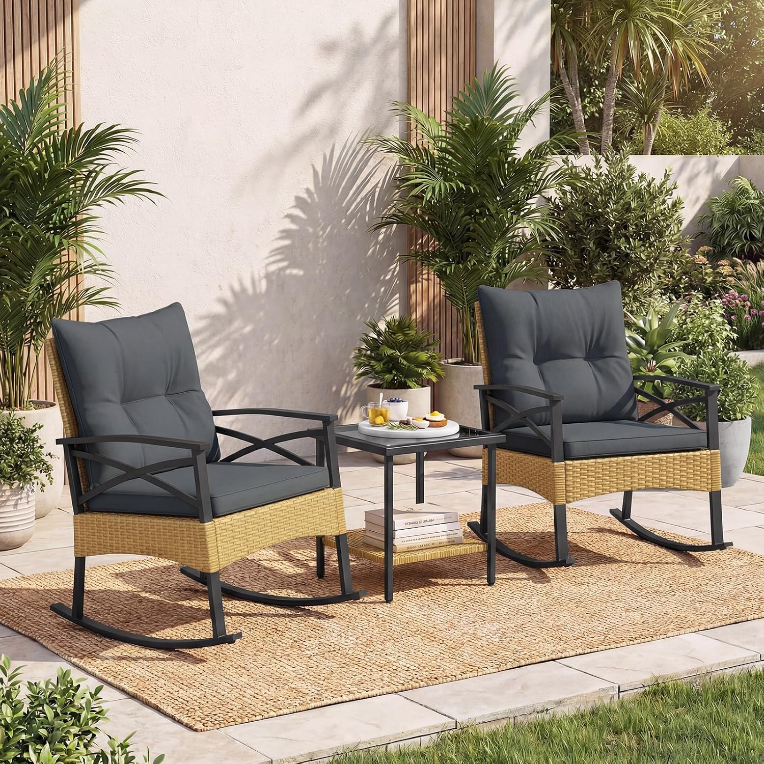 Tangkula 3 Pieces Outdoor Rocking Chairs Set, Rattan Heavy Duty Cushioned Rocker Chairs with 2-Tier Tempered Glass Coffee Table, for Garden, Balcony, Backyard (Yellow+Gray)