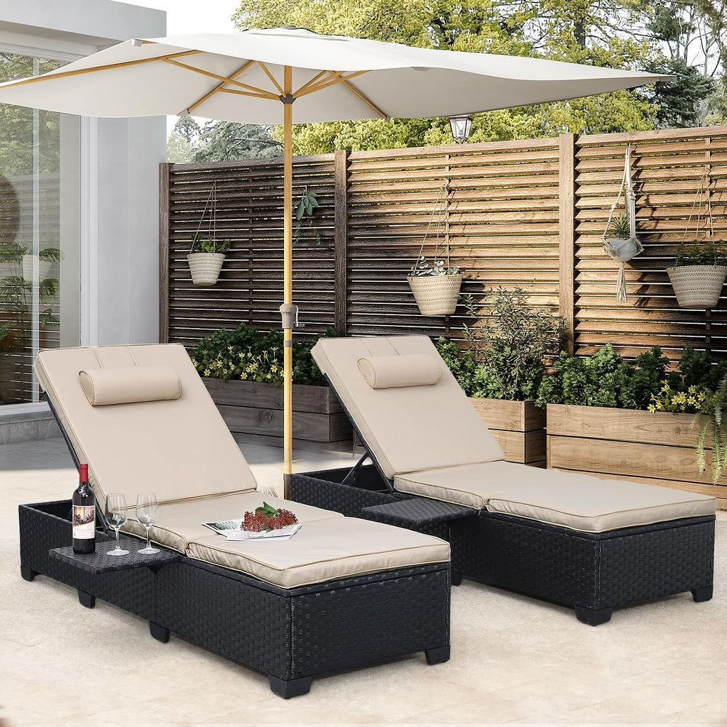 WAROOM Outdoor Chaise Lounge Chairs for Outside Patio Furniture Set of 2 Wicker Recliner Black Rattan Sunbathing Lounger Adjustable Backrest Pool Reclining Chair, Khaki Cushion