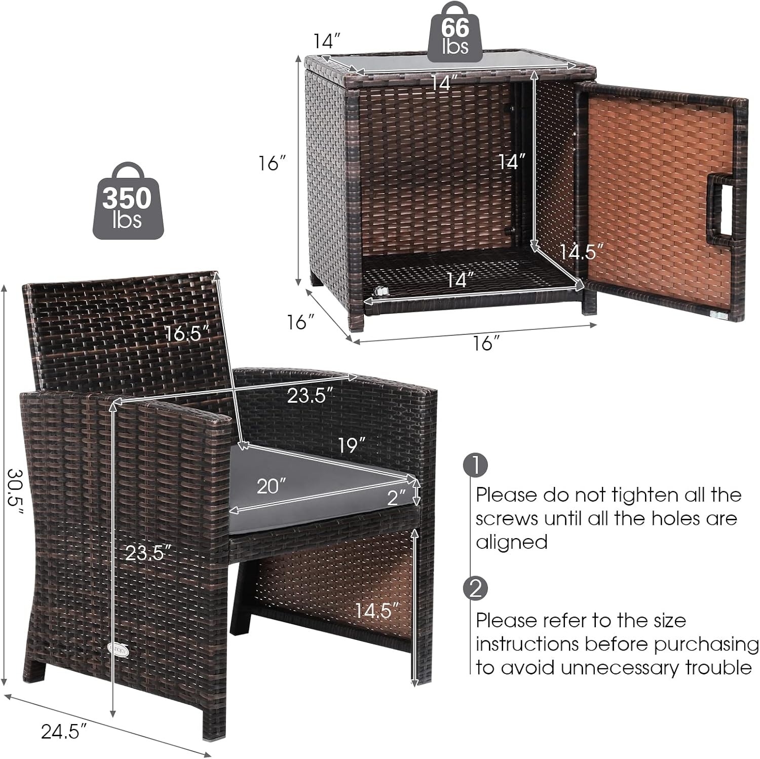 Tangkula 3 Pieces Outdoor Wicker Conversation Set with Waterproof Cover, 2 Patio PE Rattan Cushioned Chairs with Side Storage Table, Suitable for Front Porch, Balcony, Garden, Poolside and Yard (Grey)