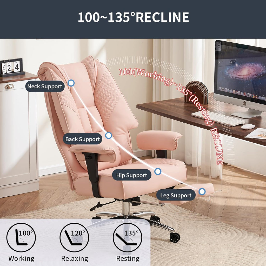 EXCEBET Big and Tall Office Chair 400lbs Wide Seat, Leather High Back Executive Office Chair with Foot Rest, Ergonomic Chairs Lumbar Support for Lower Back Pain Relief (Light Pink)