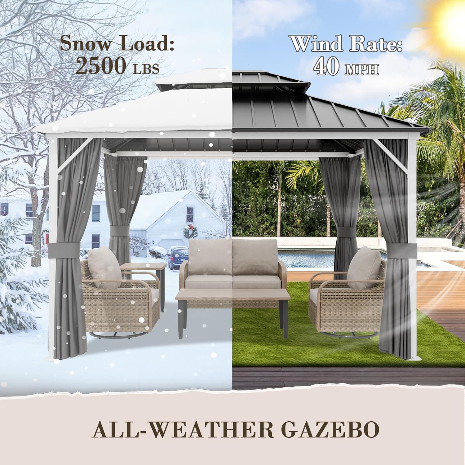 EAGLE PEAK 12x10 Hardtop Gazebo, Galvanized Steel Double Roof with Aluminum Frame, Outdoor Pavilion with Netting and Curtains for Patio, Deck, Lawn and Garden, White/Gray