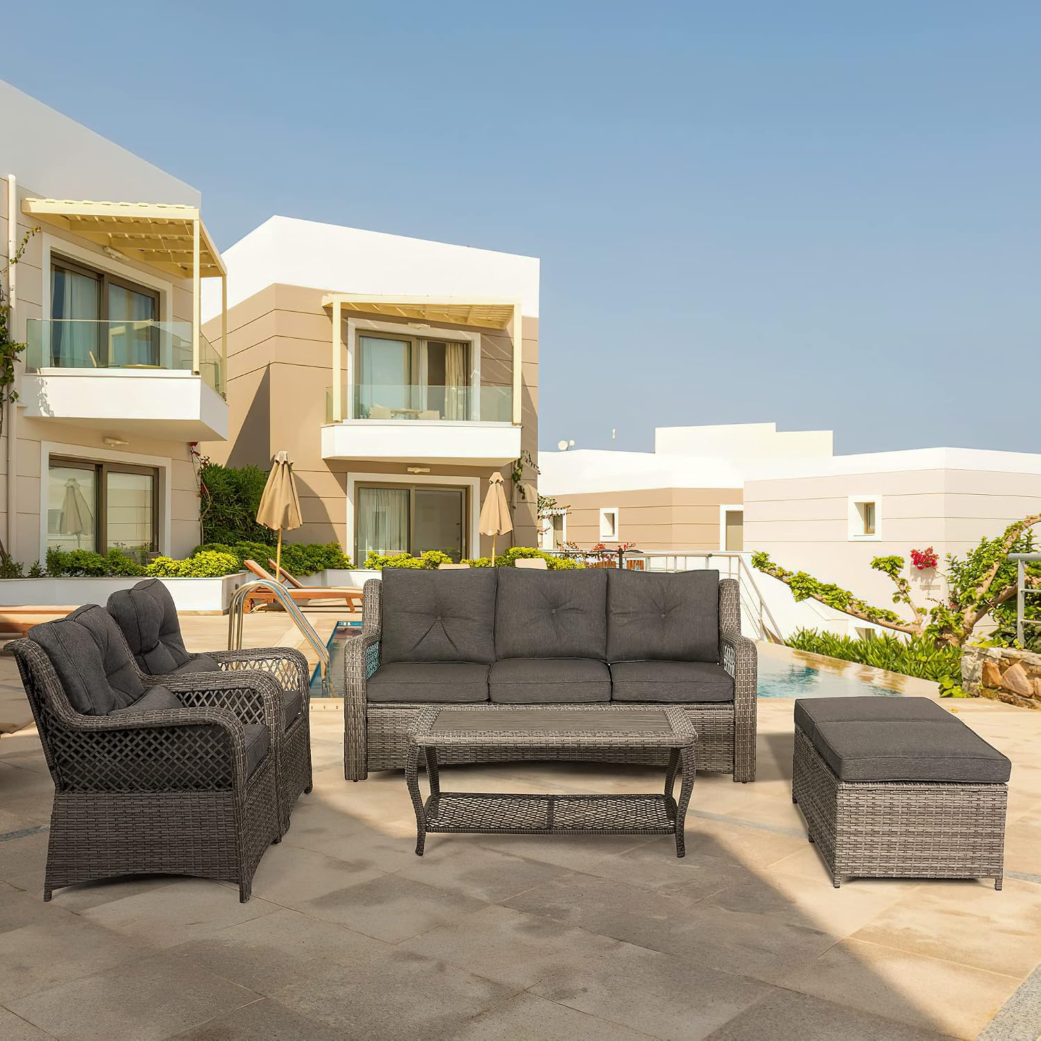 HOMREST 6 Pieces Patio Furniture Set, Wicker Outdoor Patio Conversation Sets, Sectional Rattan Sofa Chairs with Coffee Table, High Back, Ottoman, Cushions for Porch, Deck, Garden, Backyard (Grey)