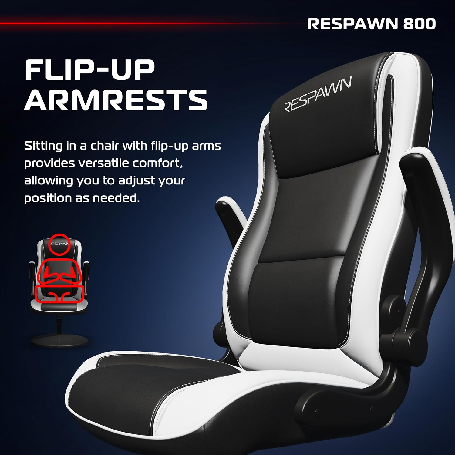 RESPAWN 800 Swivel Rocker Gaming Chair - Ergonomic Floor Gaming Seat with Lumbar Support, Flip Up Armrest, High Back, Pedestal Base, Comfortable No Wheels Console Video Game Rocker Chair - White