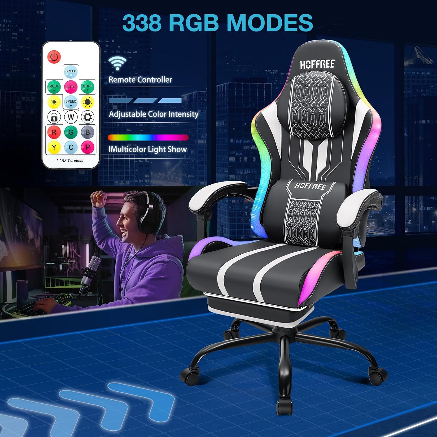 HOFFREE LED Gaming Chair with Bluetooth Speakers Massage Gaming Chair with RGB Lights Big and Tall Game Chairs for 400lbs Heavy People High Back Computer Desk Chair with Footrest White and Black